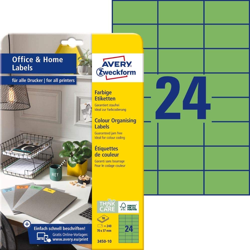 AVERY Zweckform 3450-10 Green Labels (240 Stickers, 70 x 37 mm on A4, Permanent Adhesive Colour Labels, Matte Paper, Printable, Coloured Adhesive Labels, for HomeOffice) 10 Sheets