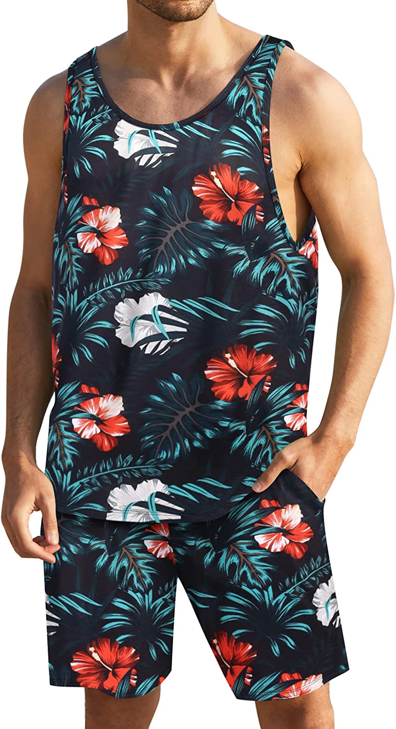 COOFANDY Men Floral Tank Hawaiian Shorts Sets Summer Tank Tops Beach Tropical Outfits