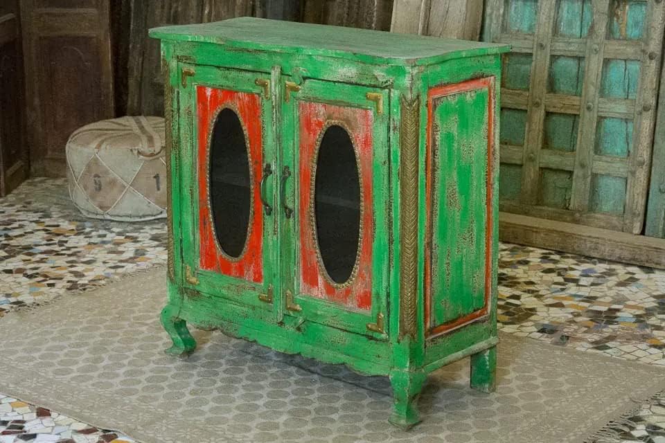 Antique Indian Brass Work Hand Carved Solid Wooden Cabinet Greenwash, Cabinet Storage Units Indian Solid Wood,Living Room Bedroom Furniture,Modern Cabinet