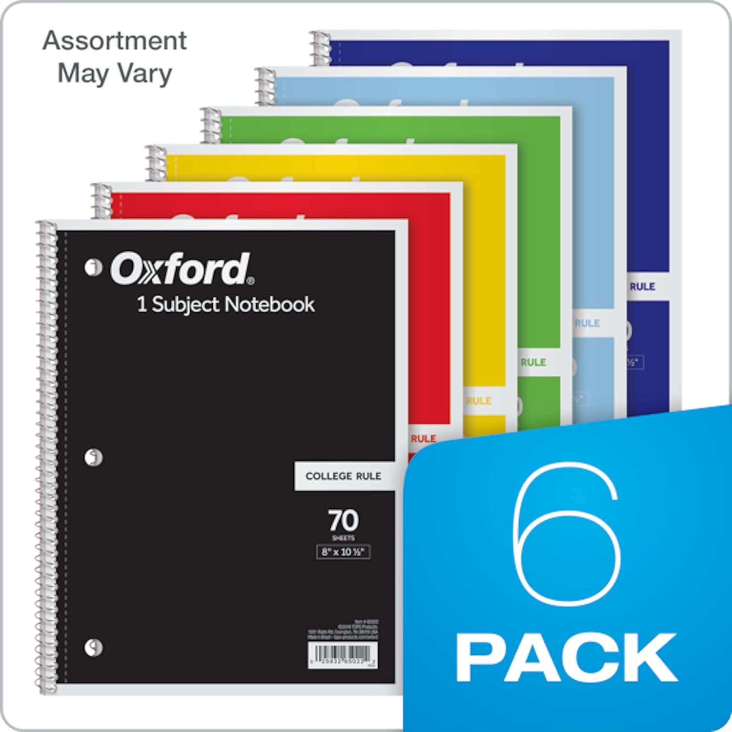 Oxford Spiral Notebook 6 Pack， 1 Subject， College Ruled Paper， 8 x 10-1/2 Inch， Color Assortment May Vary (65007)