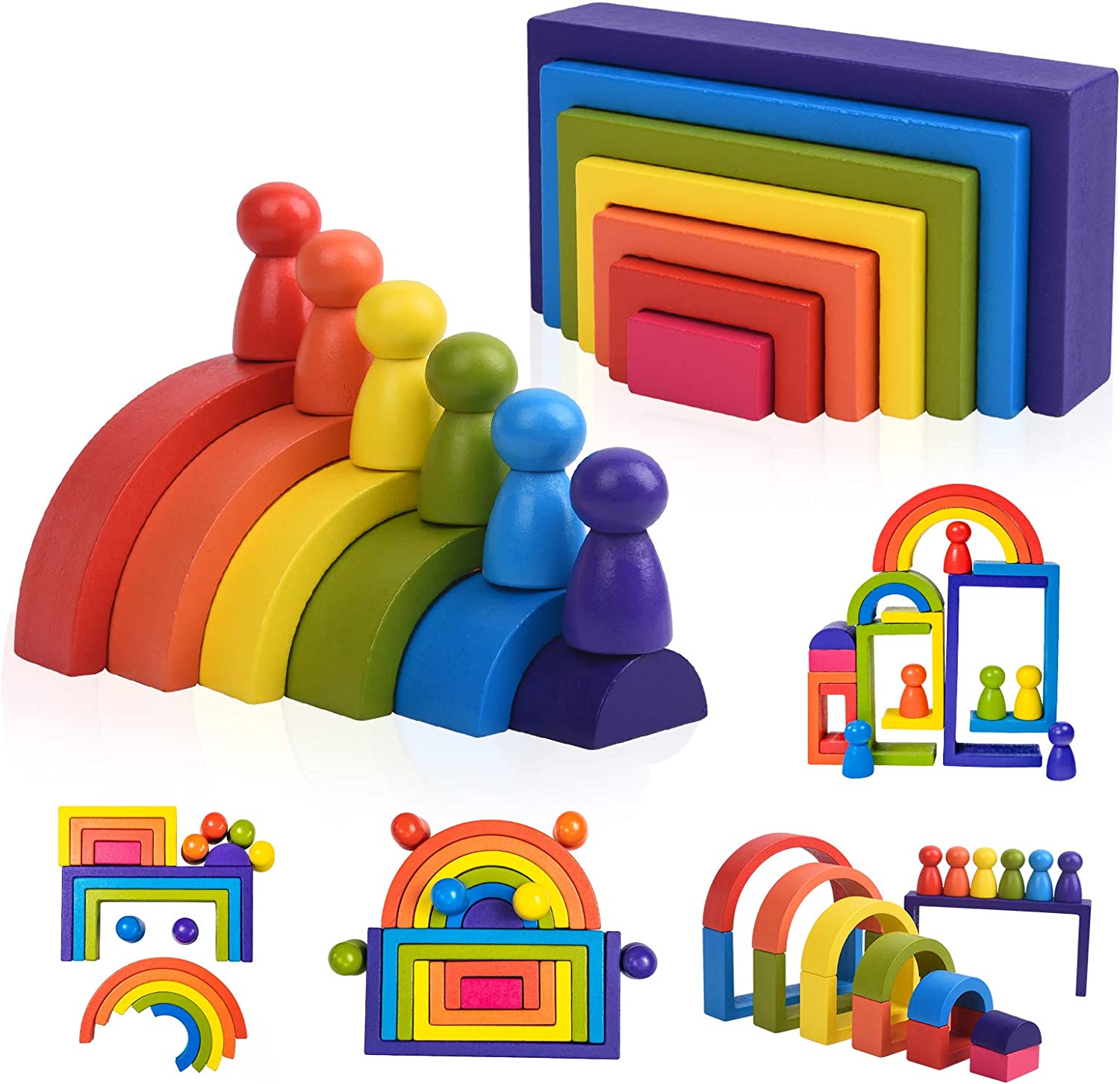 BOZE SUPOD Wooden Toys Rainbow Stacking Blocks-Montessori Toys Building Blocks for Toddler Age 1 2 3 4 Years Old Open Ended Preschool Activity Educational Toy Gifts for Kids-19PCS