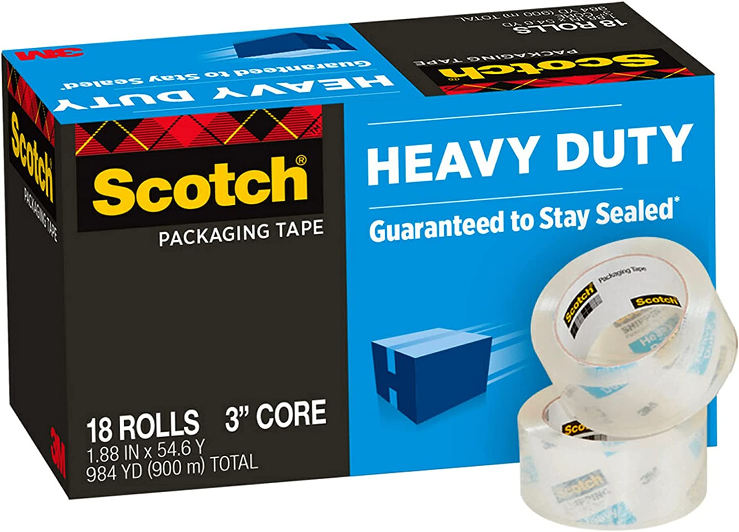 Scotch Heavy Duty Packaging Tape, 1.88" x 54.6 yd, Designed for Packing, Shipping and Mailing, Guaranteed to Stay Sealed, 3" Core, Clear, 18 Rolls (3850-18CP)