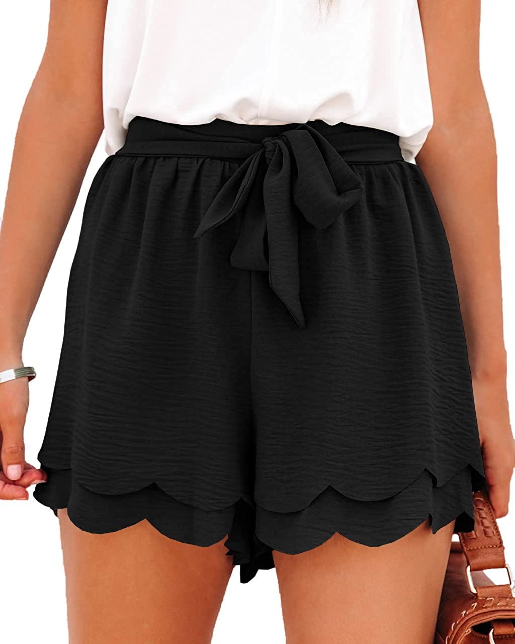 Shorts for Women Layered Petals Bowknot Tie Waist Drawstring Casual Shorts with Pockets