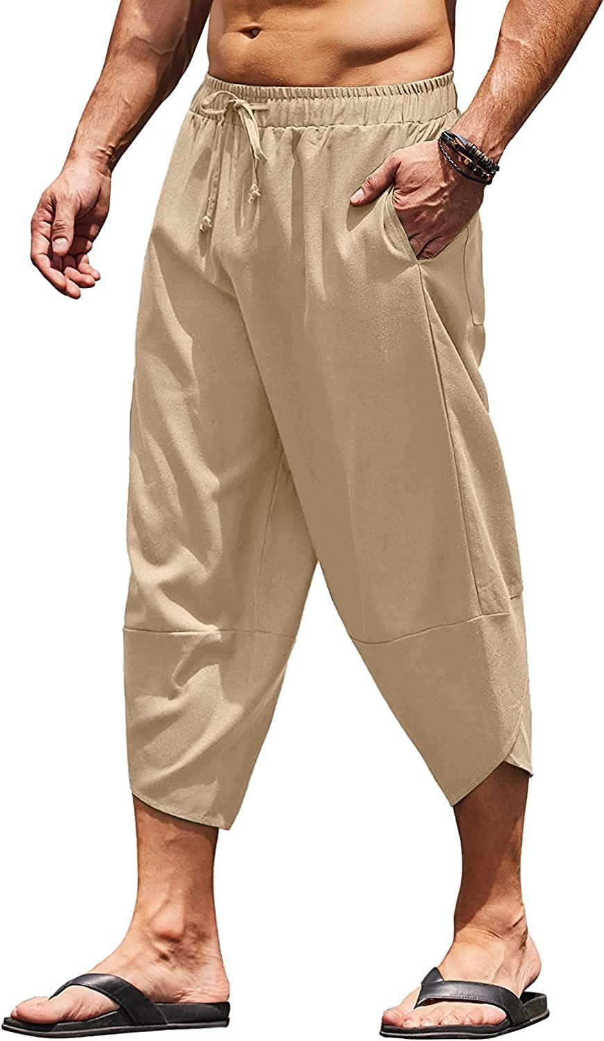 COOFANDY Men's Linen Harem Capri Pants Lightweight Loose 3/4 Shorts Drawstring Elastic Waist Casual Beach Yoga Trousers