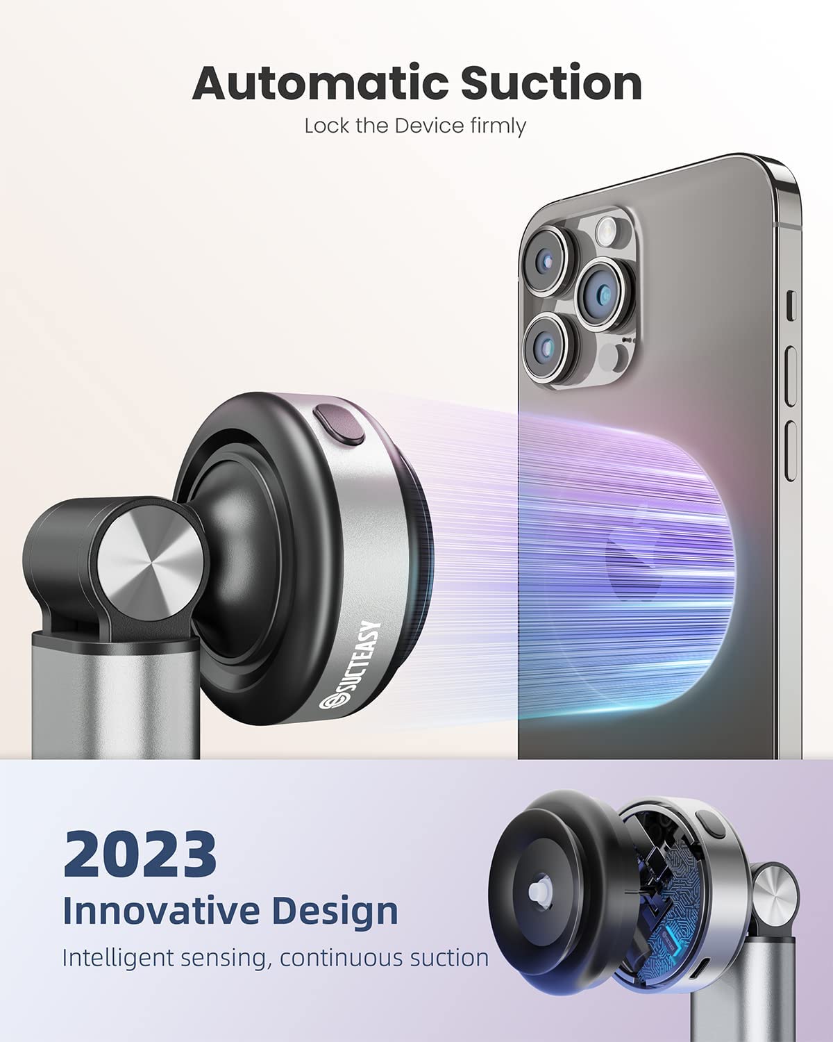 Sucteasy Cell Phone Stand for Desk [Vacuum Adsorption] Automatic Suction Phone Stand, Adjustable iPhone Holder with All Mobile Phone, iPhone 14, ipad, Switch, Tablet 4-12.9" Desk Accessories-Silver