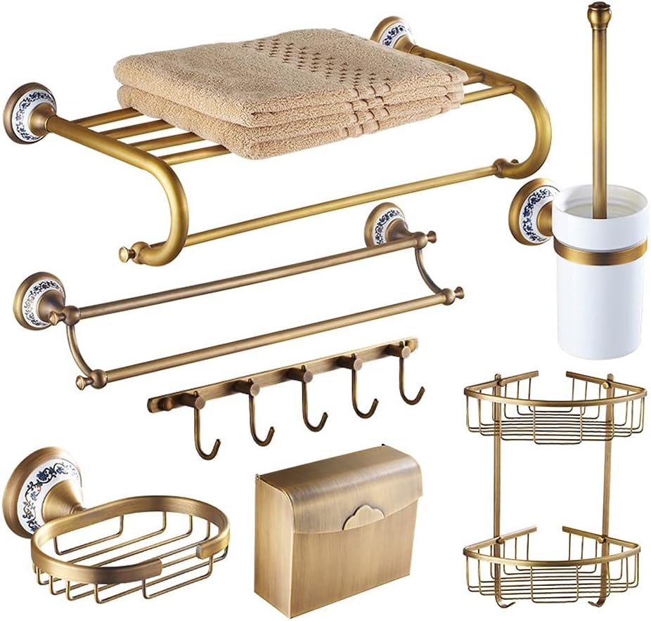 ZSEDP Antique Bathroom Blue and White Porcelain Accessories Carved Copper-Alloy Hardware Set Wall Mounted Bathroom Hardware Kit