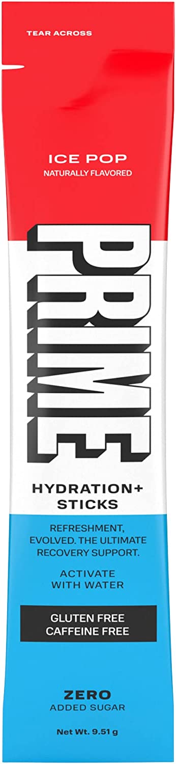 Prime Hydration+ Stick Pack | Electrolyte Drink Mix | 10% Coconut Water | 250mg BCAAs | Antioxidants | Naturally Flavored | Zero Added Sugar | Easy Open Single-Serving Stick | Ice Pop， 6 Sticks