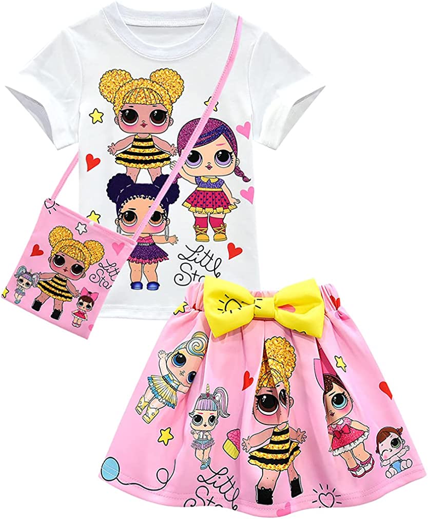 Bololoc Girls Birthday Clothes Cartoon Short Sleeve Shirt Skirt Set Princess Party Outfit for Girl Gift 2-8Years