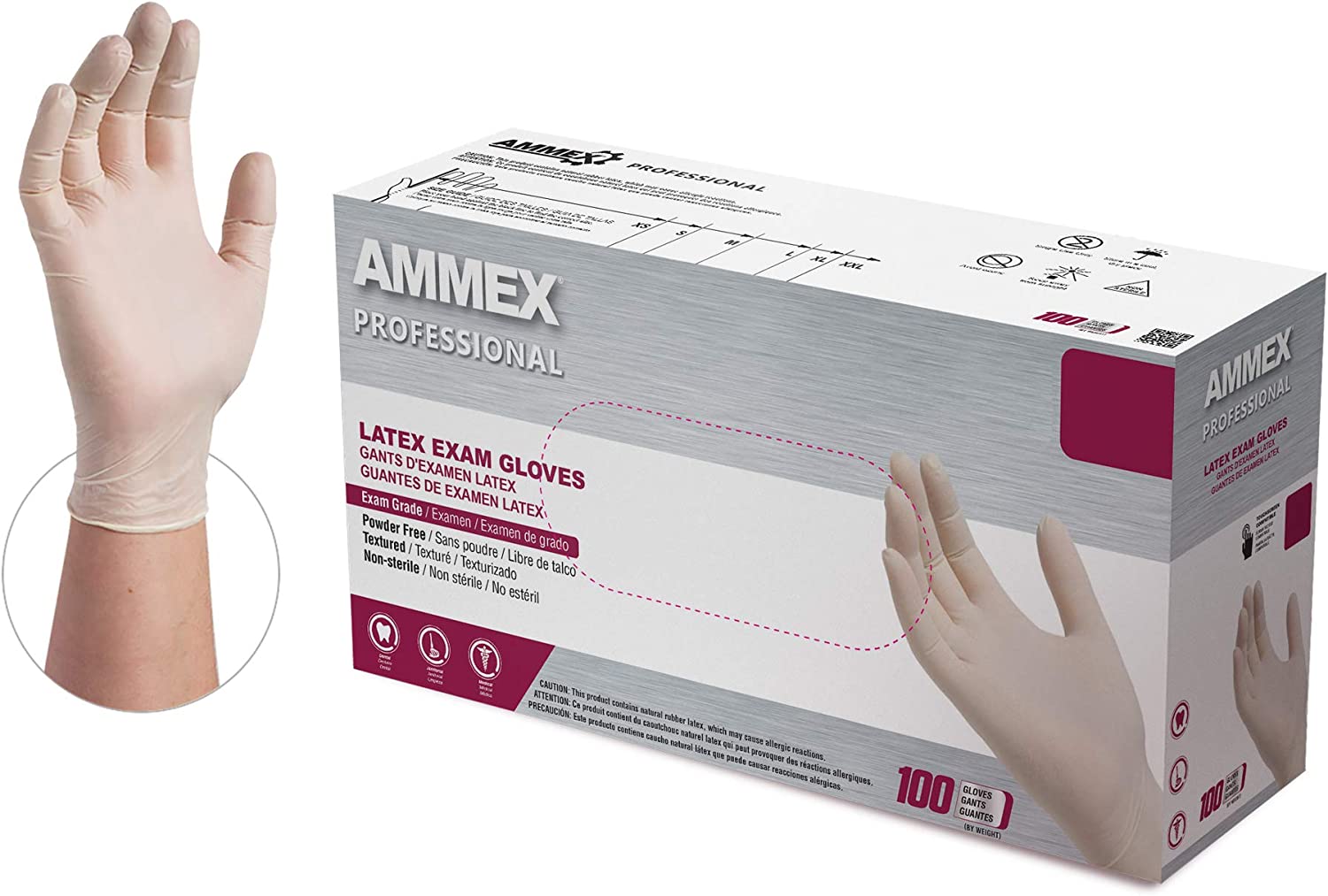 GLOVEPLUS AMMEX White Latex Disposable Exam-Grade Gloves, 4 Mil, Powder-Free, Food-Safe, Lightly-Textured, Non-Sterile