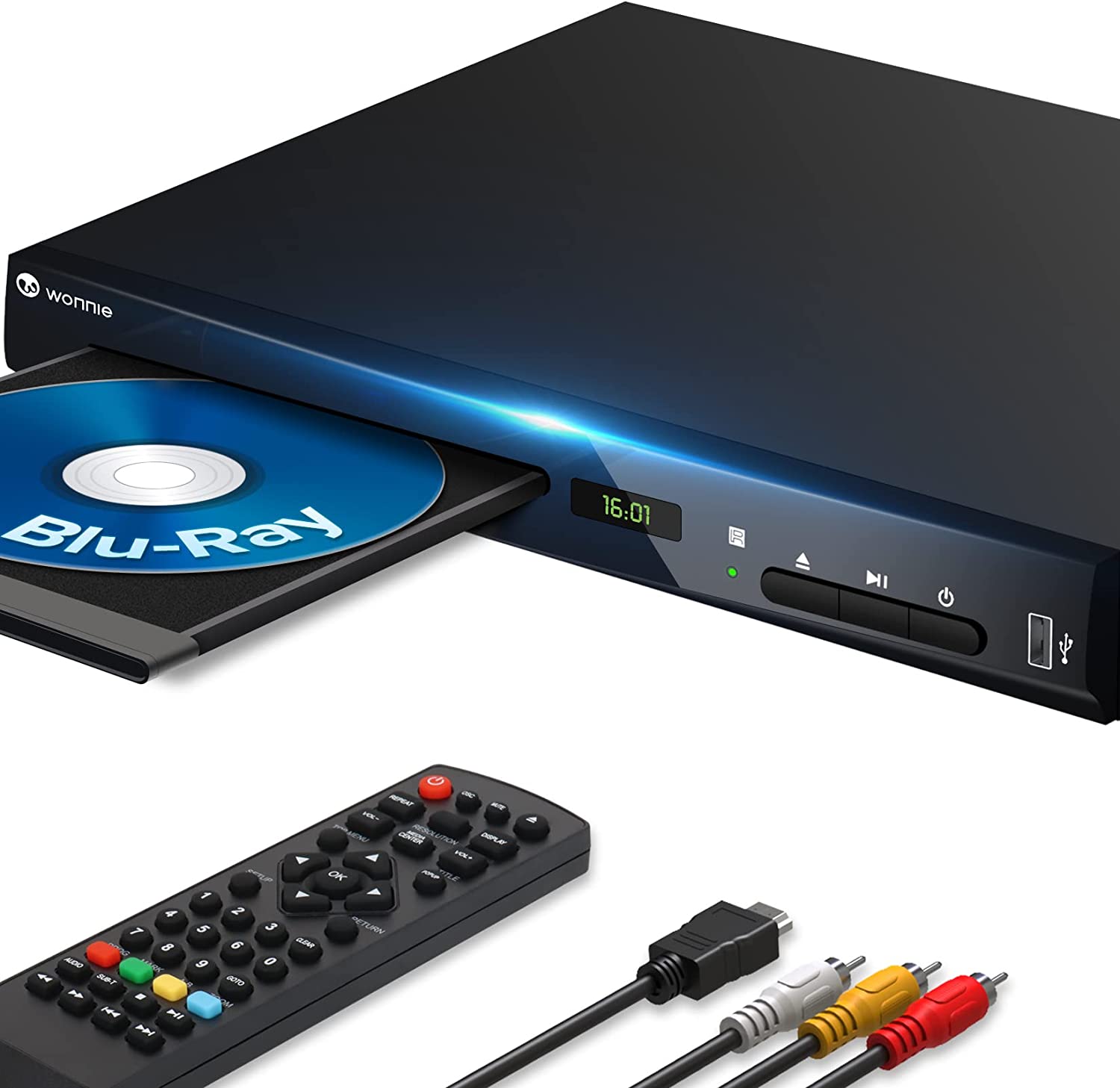 WONNIE Blu-Ray DVD Player for TV， 1080P Full HD Home Players with HDMI Output， Built in Dolby Atmos&amp;NTSC/PAL System， Support Region A/1Blue Ray Dics， All Region DVDs， USB Flash Drive and Last Memo