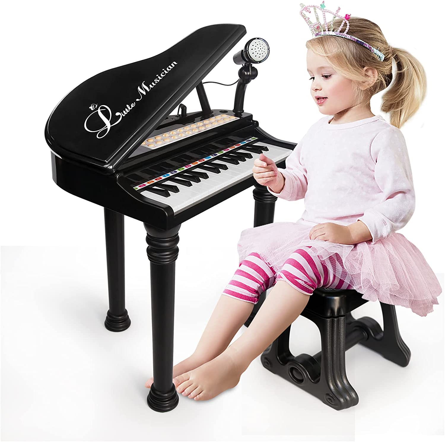 Love&Mini Piano Toy Keyboard Black 31 Keys for Age 2+ Year Old Girls Boys Birthday Gifts, Kids Keyboard Toy Instruments Black Piano with Microphone and Stool