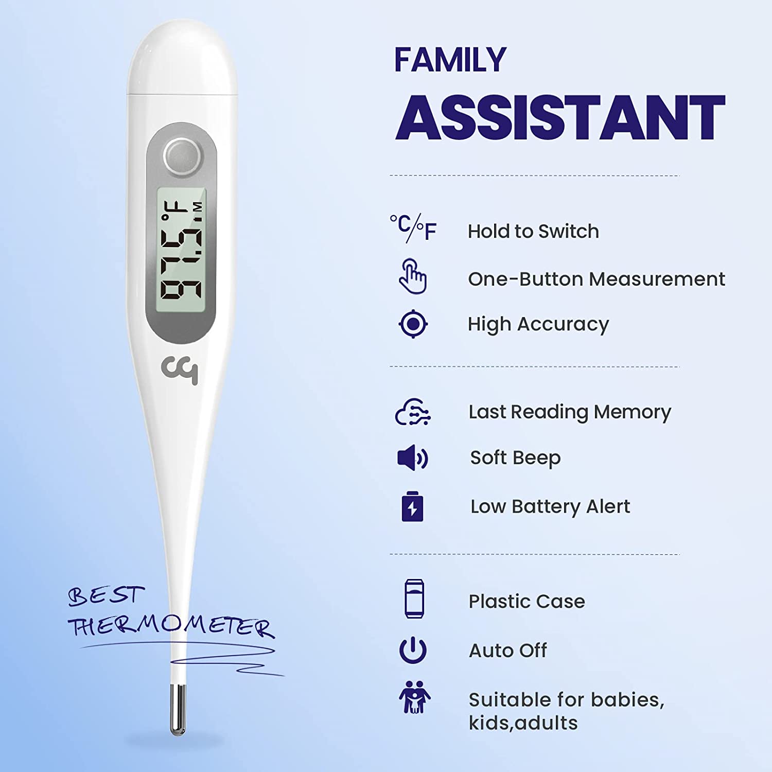 Thermometer for Adults, Oral Thermometer for Fever, Medical Thermometer with Fever Alert, Memory Recall, C/F Switchable, Rectum Armpit Reading Thermometer for Baby Kids and Adults