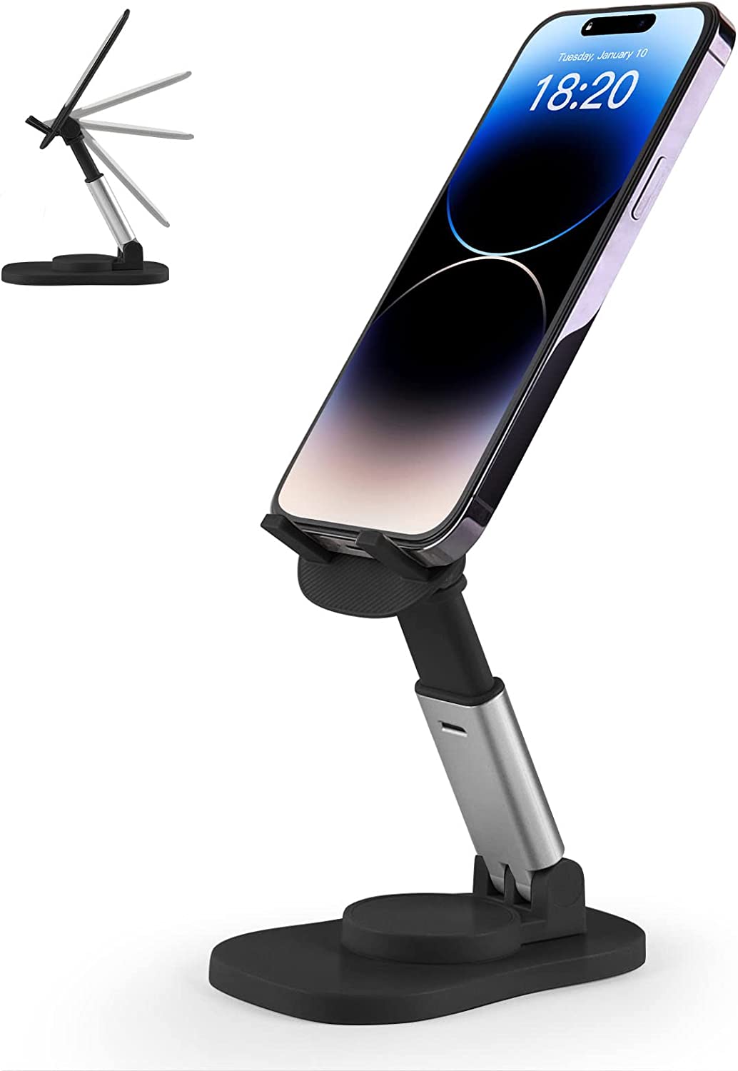 Zyerch Cell Phone Stand, Adjustable Phone Holder for Desk, Portable Phone Holder Stand Cellphone Cradle Desktop Dock Compatible with iPhone and All Smart Phones for Office, Black