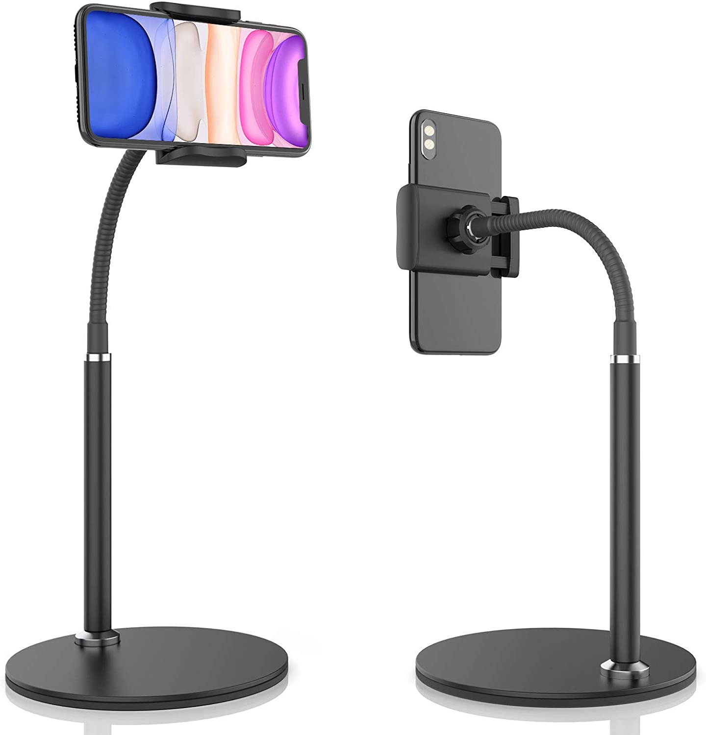 Cell Phone Stand, Adjustable Height & Angle Phone Holder Gooseneck Flexible Arm Universal Phone Stand for Desk, Aluminum Alloy Desktop Cell Phone Holder Compatible with 3.5"-6.5" Device (Black)