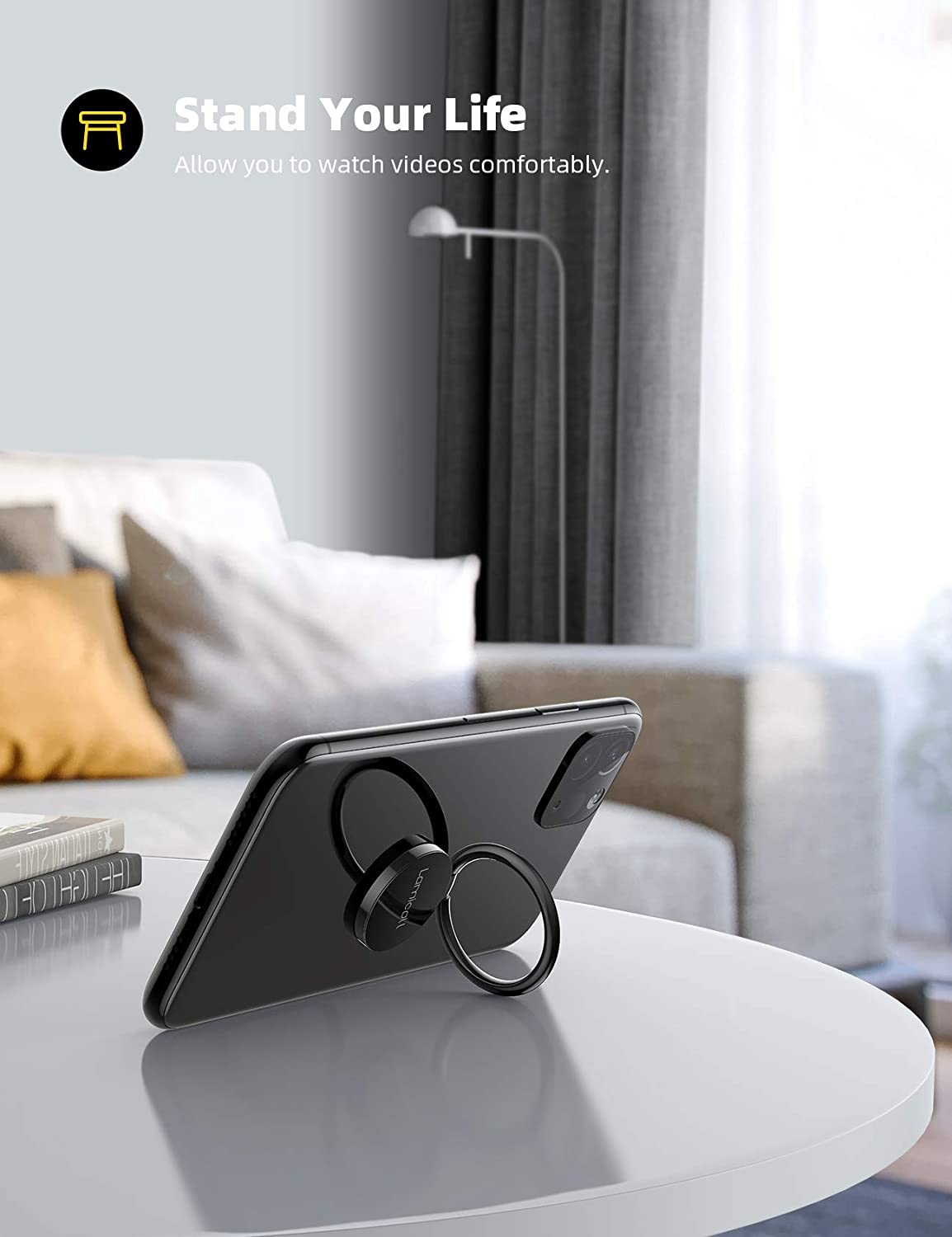 Cell Phone Ring Holder Finger Stand - Lamicall Phone Kickstand, Metal Grip Hook Work with Magnetic Car Mount, Compatible with iPhone 14 13 12 Mini 11 Pro Xs Max XR X 8 Plus, Smartphone Accessories BLK