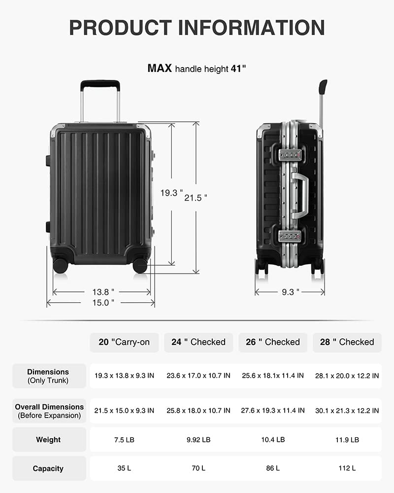 LUGGEX Hard Shell Carry On Luggage with Aluminum Frame - 100% PC No Zipper Suitcase - 4 Metal Corner Hassle-Free Travel (Hard Case Suitcase)
