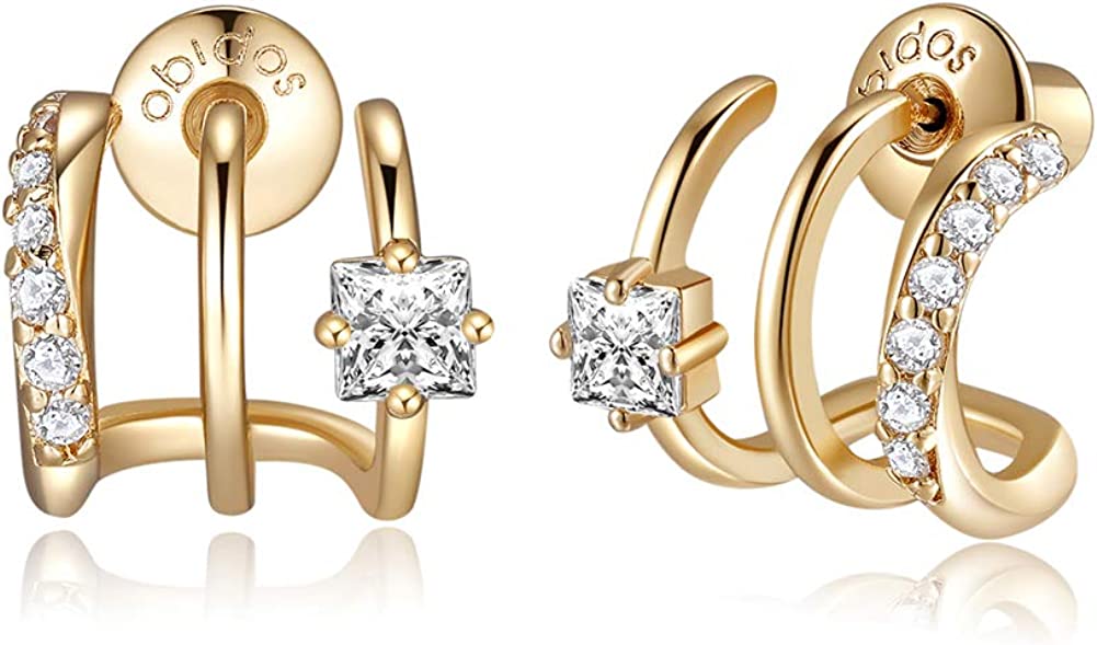 Obidos 14K Gold Plated Triple Huggie Illusion Stud Earrings | Double Huggie Hoop Earrings for One Hole | Gold Hoop Earrings for Women