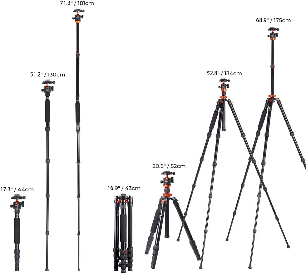 K&F Concept 68 inch /175cm Camera Tripods,Compact Travel Tripod with Monopod,10kg/22lbs Load Capacity 360° Panorama Ball Head Compatible with DSLR Cameras K255A4+BH-28L (TM2515M1)