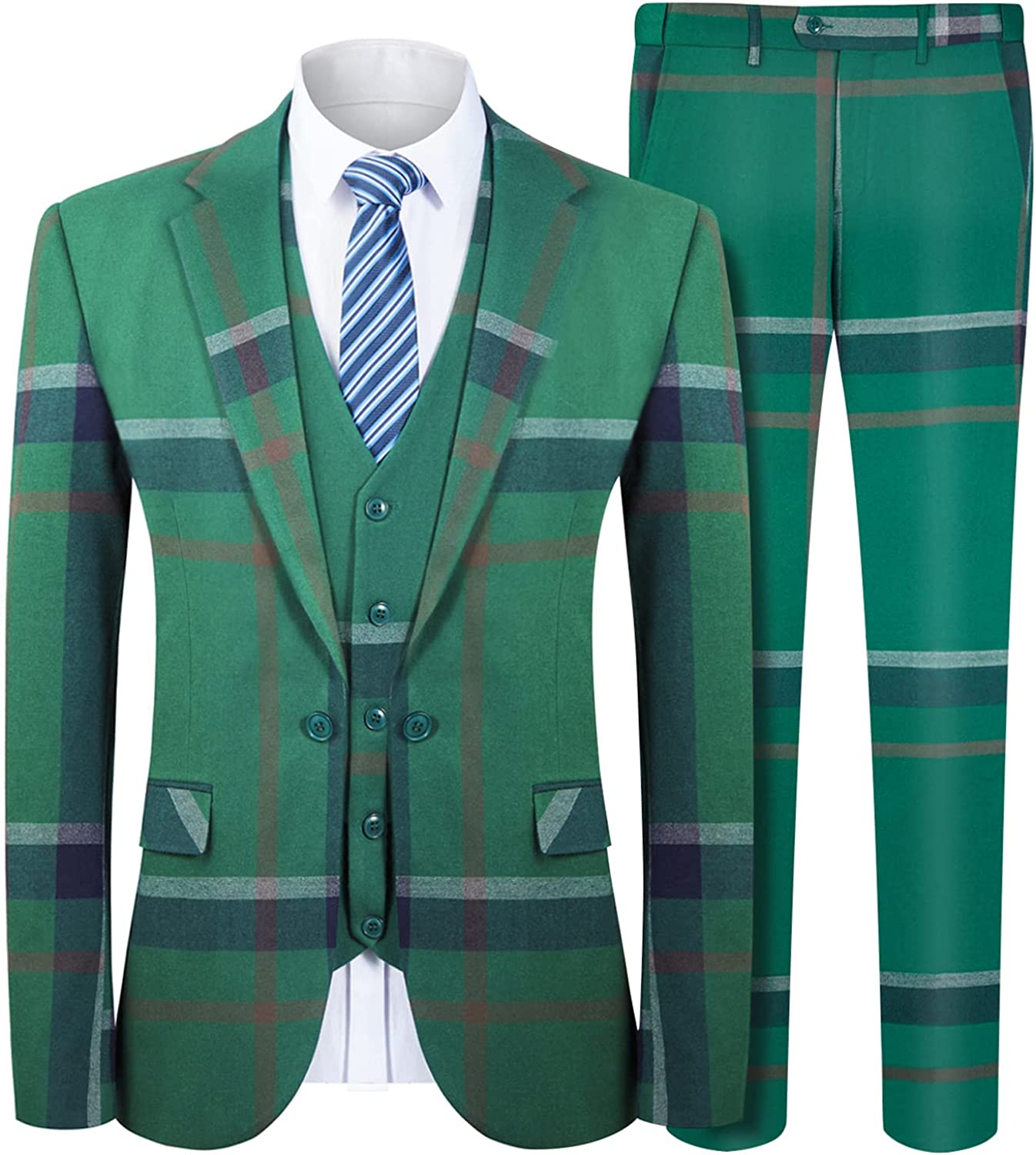 MAGE MALE Men’s Plaid Suit Slim Fit 3-Piece Leisure Suit One Button Blazer Dress Business Wedding Party Jacket Vest & Pants