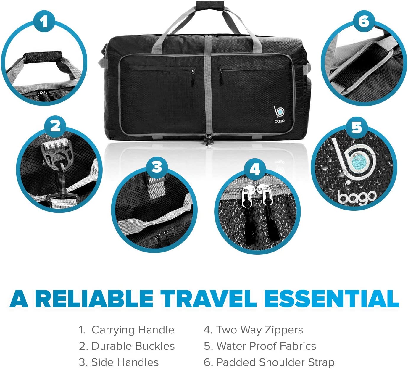 Bago Travel Duffel Bags for Traveling Women & Men- Foldable Weekender Bag - 80L 27" Large Duffle Bag For Travel & Camping Bag - Packable Lightweight Overnight Luggage bag (Black)