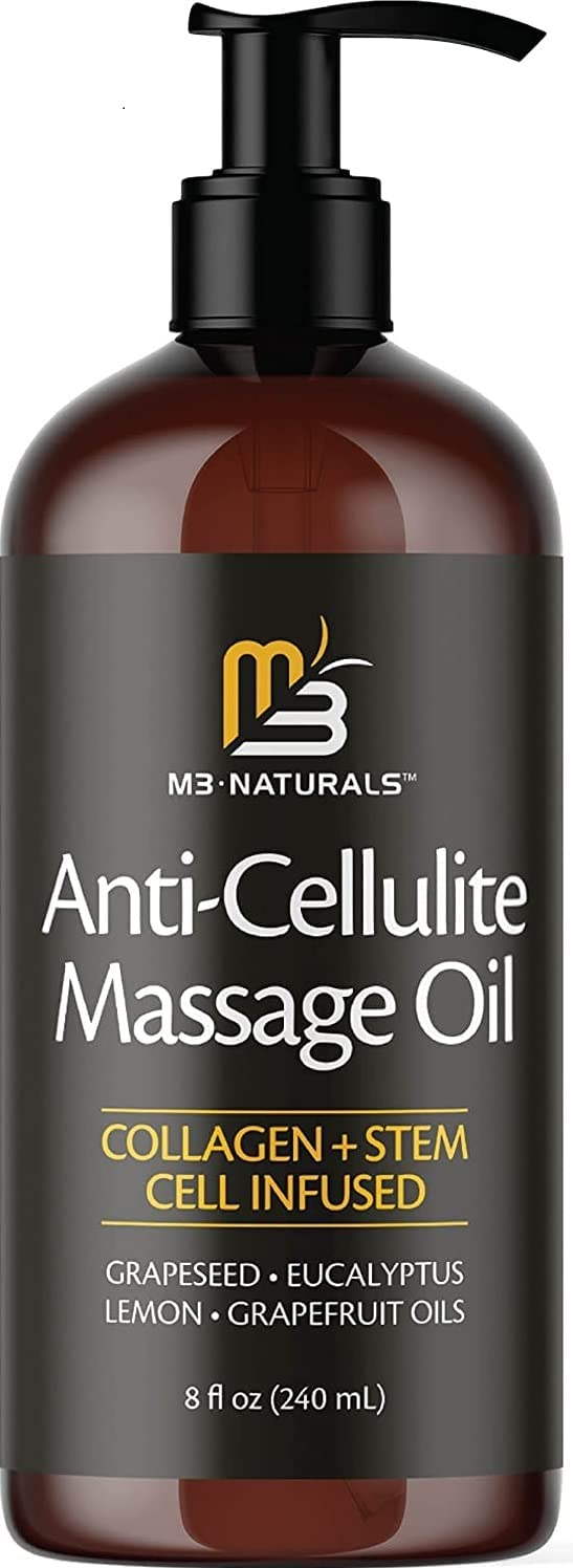 Anti Cellulite Massage Oil Infused with Collagen and Stem Cell - Skin Tightening Cellulite Cream Moisturizing Body Oil Tone Stomach Thighs Reduce Look of Fat Scars by M3 Naturals
