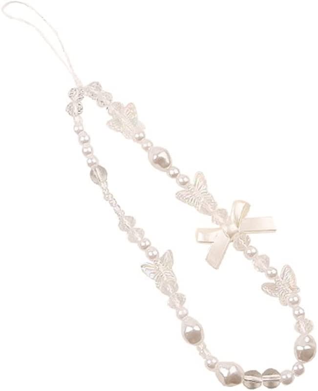 oAutoSjy Beaded Phone Charm Strap Mobile Phone Lanyard Wrist Strap Bow White Pearl Butterfly Beads Phone Chain Cellphone Strap Hanging Cord Phone Anti-lost Chain Cell Phone Accessories for Women Girls