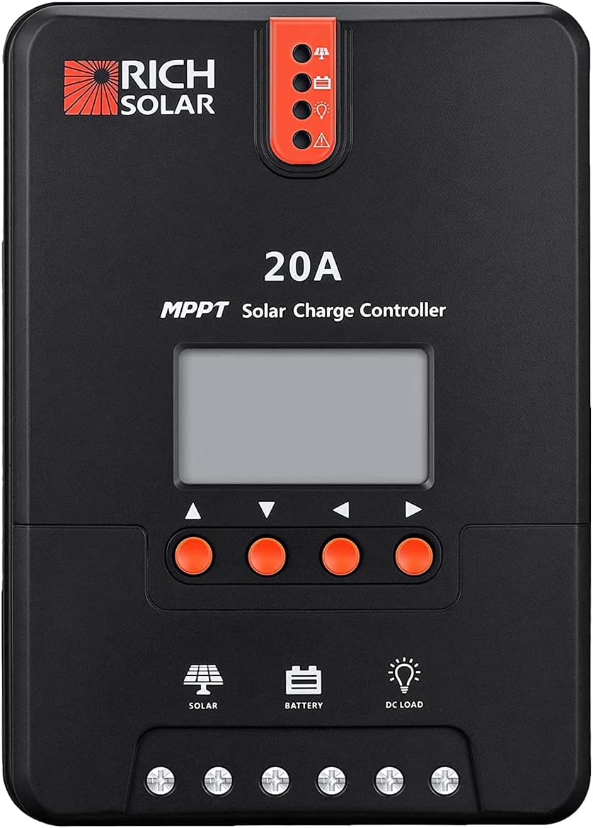 RICH SOLAR 20 Amp 12V/24V DC Input MPPT Solar Charge Controller with LCD Display Solar Panel Regulator for Gel Sealed Flooded and Lithium Battery Negative Ground