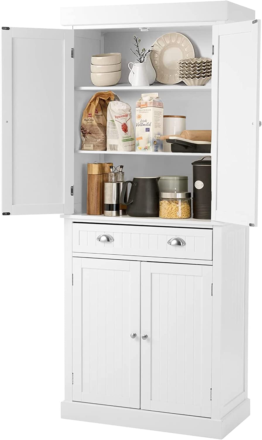 YOLENY Kitchen Pantry， 72” Freestanding Storage Cabinets with Doors and Shelves， Elegant Colonial Design Cabinet Cupboard with 3 Adjustable Shelves and 1 Storage Drawer，Black