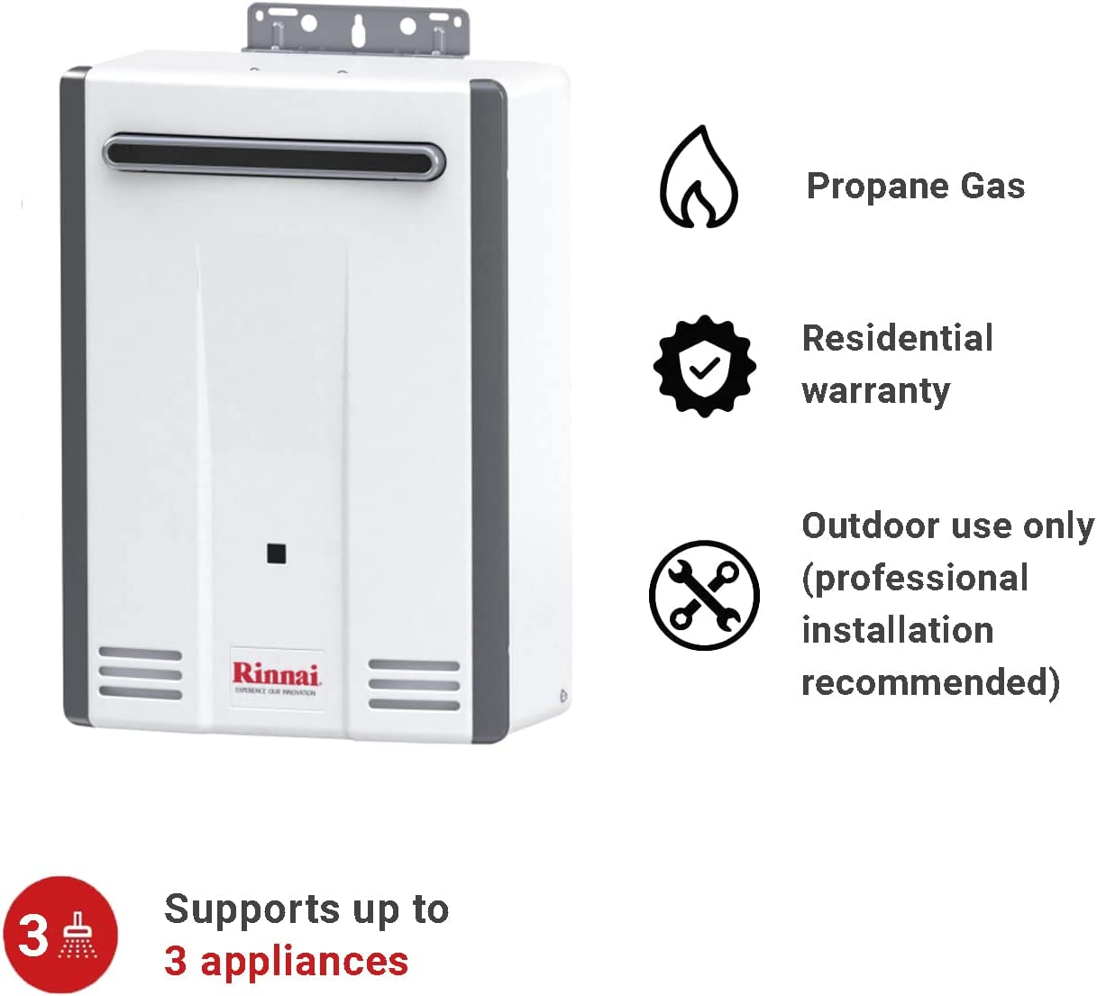 Rinnai V65eP Non-Condensing Propane Tankless Water Heater， Outdoor Installation， Up to 6.5 GPM