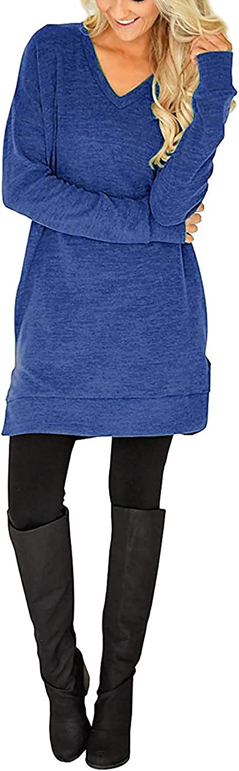 LERUCCI Womens Casual Long Sleeves Solid V-Neck Tunics Shirt Tops with Pockets