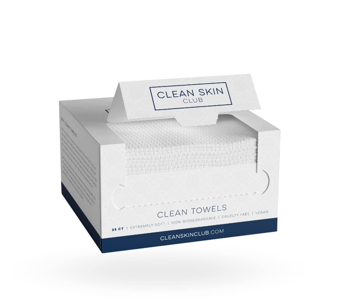 Clean Skin Club Clean Towels, 100% USDA Biobased Dermatologist Approved Face Towel, Disposable Clinically Tested Face Towelette, Facial Washcloth, Makeup Remover Dry Wipes, Ultra Soft, 25 ct, 1 pack