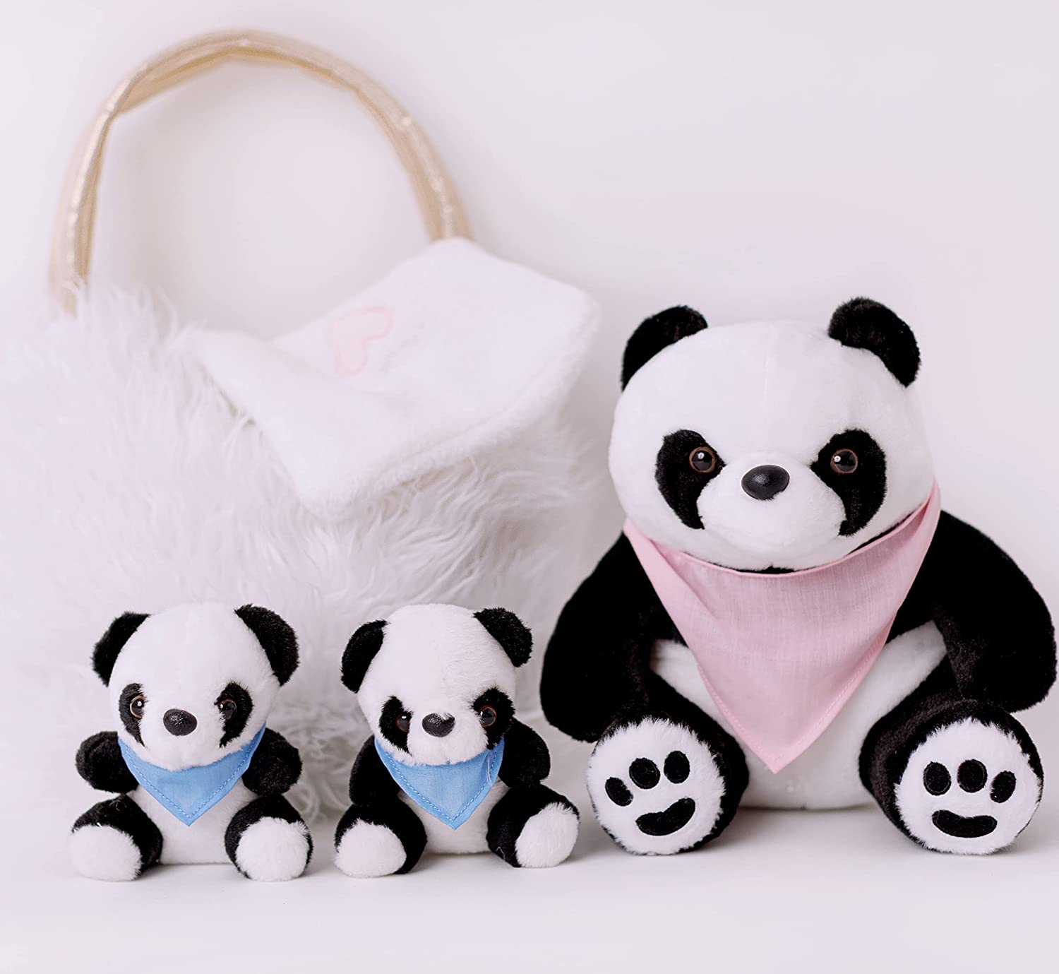 Panda Toy for Girls 5 Pcs Set. Mommy, 2 Baby Panda Toys, XL Furry Bag and Baby Blanket. Cute Plush Gift Set 3 4 5 Year Old Girl, Stuffed Animal for Little Girls. Birthday, Christmas Age 3-8