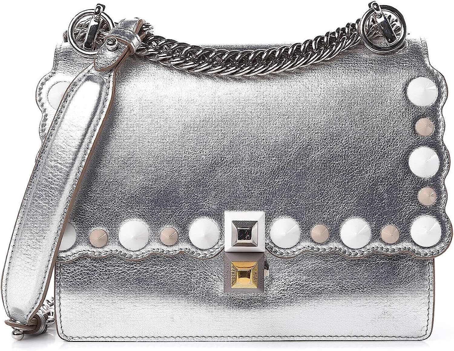 Fendi Kan I Metallic Silver Calfskin Scalloped Studded Small Shoulder Bag 8M0381