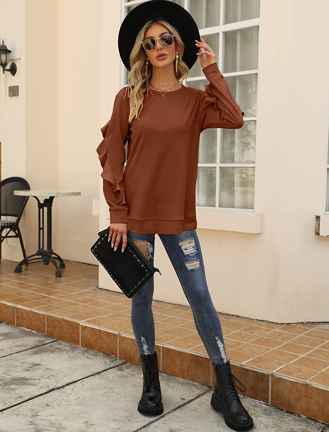 Saloogoe Crewneck Sweatshirts Long Sleeve Casual Tops with Ruffle Sleeve Fall Winter Clothes Soft Fashion 2022