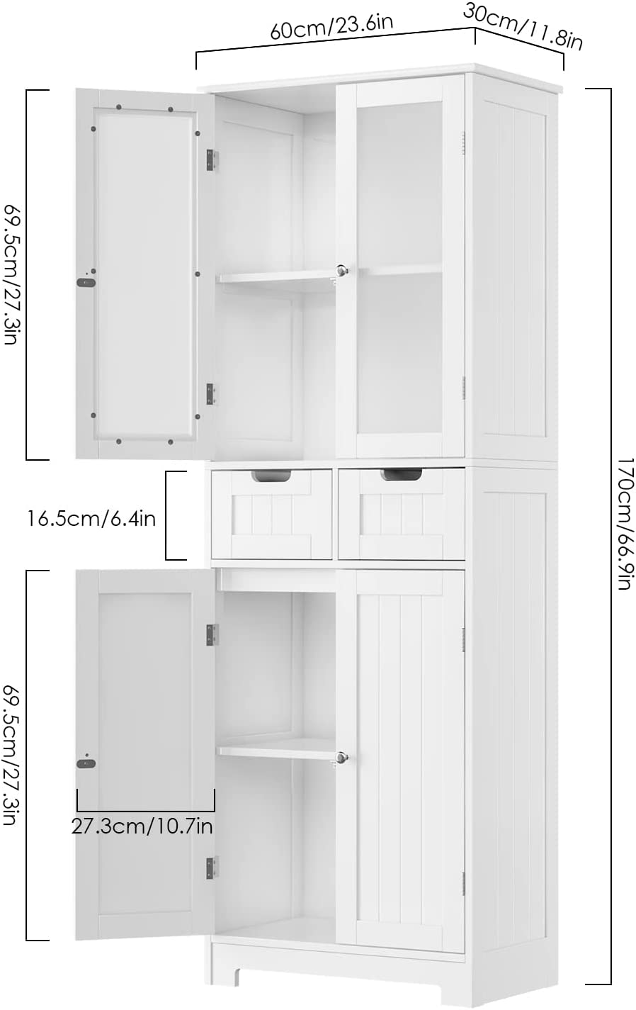 HORSTORS Tall Storage Cabinet, Freestanding Kitchen Pantry Cabinet with Glass Doors and Shelves, Large Modern Cupboard with 2 Drawers for Home Office, White, 23.6" L x 11.8" D x 66.9" H