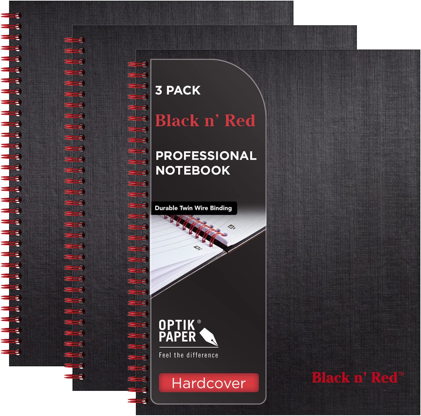 Black n' Red Notebook, Hardcover, Premium Optik Paper, Scribzee App Compatible, Environmentally Friendly, Durable Spiral Binding, 11" x 8-1/2", 70 Double-Sided Ruled Sheets, Pack of 3 (400123488)