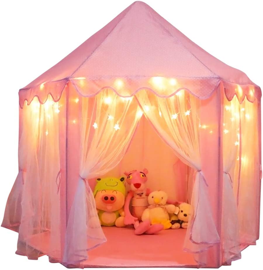ORIAN Princess Castle Playhouse Tent for Girls with LED Star Lights – Indoor & Outdoor Large Kids Play Tent for Imaginative Games – ASTM Certified, Princess Tent, 230 Polyester Taffeta. Pink 55"x53".