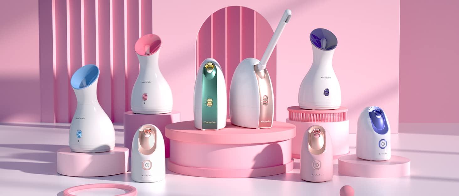 Newbealer Mini Aroma Face Steamer, 160ml Nano Ionic Hot Mist Facial Humidifier Atomizer, Home Sauna Spa Sprayer Moisturizing Cleansing Pores, 9 Pieces Acne Remover Kit Included, Pink-Gold