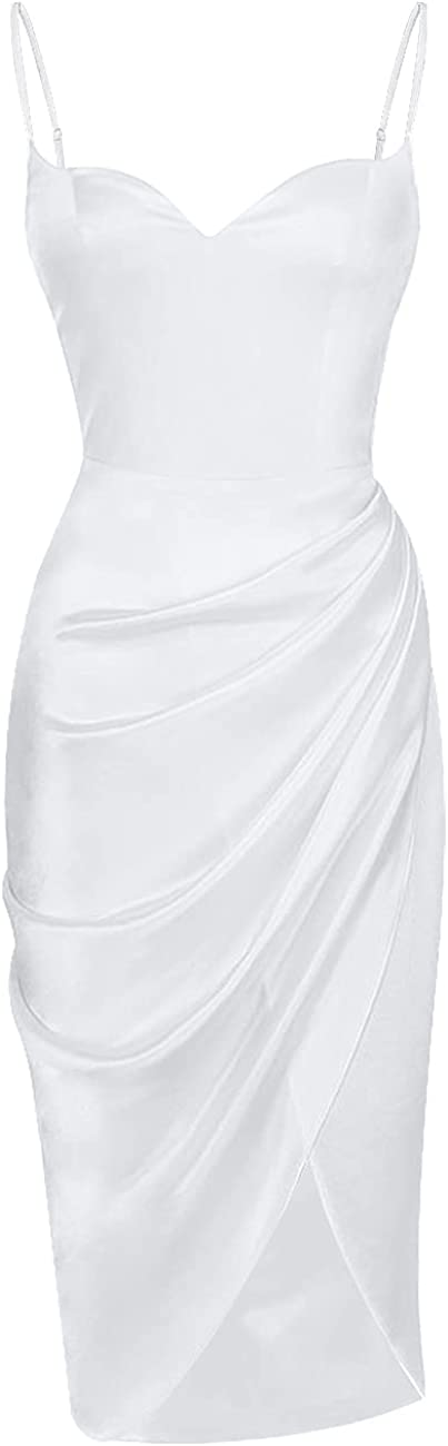 Joukavor Women's Sexy Spaghetti Strap Satin Dress Ruched Midi Bodycon High Slit Dress for Cocktail