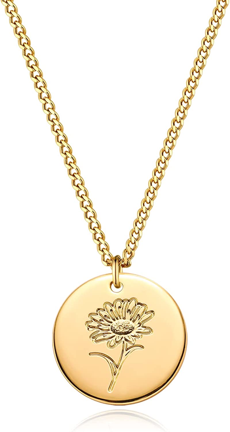 MEVECCO Birth Flower Necklace 18k Gold Engraved Custom Floral Pendant Necklaces Dainty Birth Month Flower Disc Charm Hand Stamped Flower Disk Necklace Personalized Jewelry Birthday Gift for Her