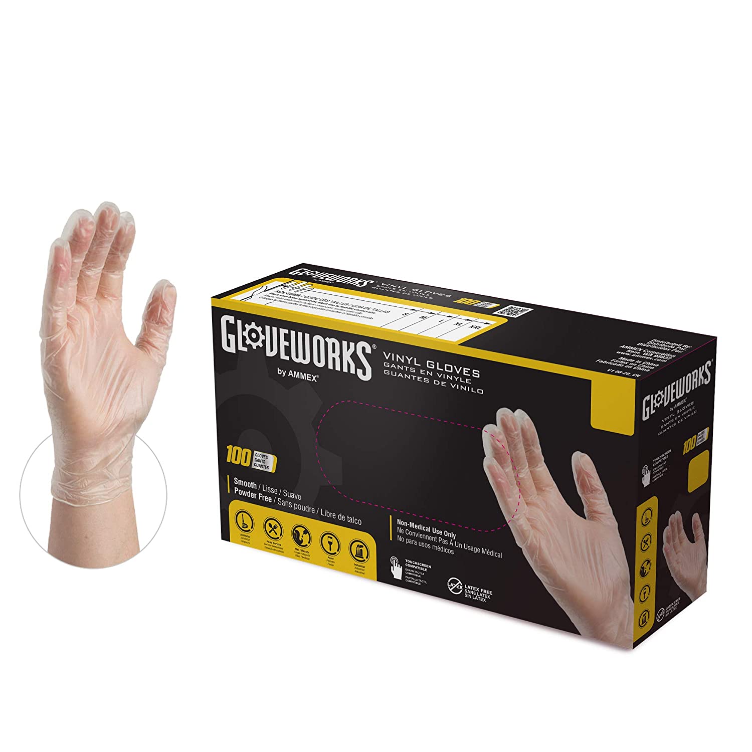 GLOVEPLUS AMMEX Industrial Clear Vinyl Gloves, Latex Free, Powder Free, Food Safe, Disposable, Non-Sterile