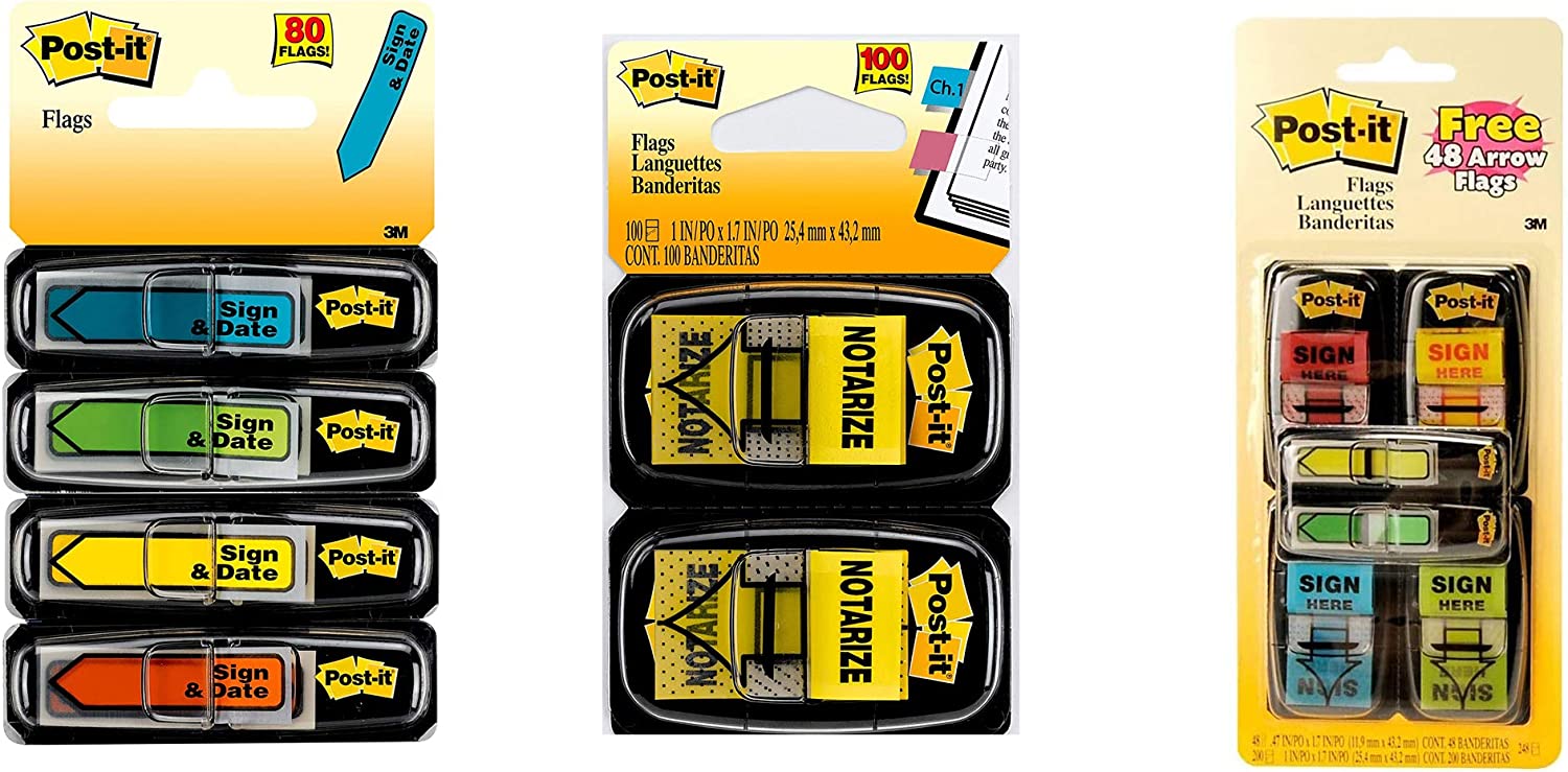 Post-it Message Flags Bundle, "Sign Here"/"Notarize"/"Sign and Date", Assorted Primary Colors, 420 Flags Total
