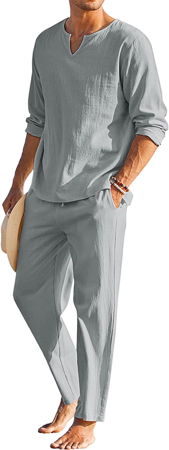COOFANDY Men's 2 Pieces Cotton Linen Set Henley Shirt Long Sleeve and Casual Beach Pants Summer Yoga Outfits