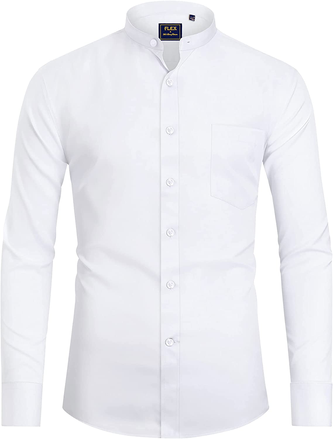 J.Ver Mens Banded Collar Dress Shirts Long Sleeve Button Down Mandarin Collar Shirt Solid Stretch Shirt with Pocket