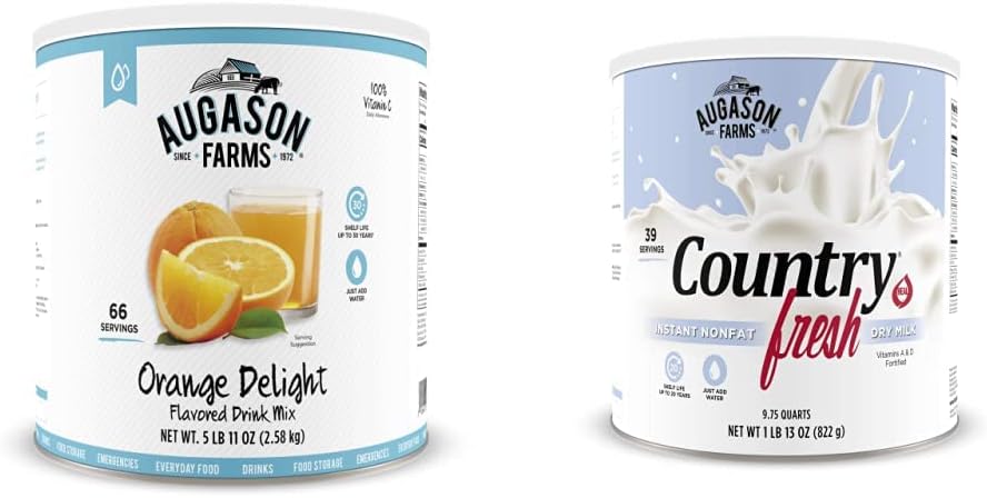 Augason Farms Orange Delight Drink Mix 5 lb. 11 oz& 5-90620 Country Fresh 100% Real Instant Nonfat Dry Milk, 1 lb, 13 oz.