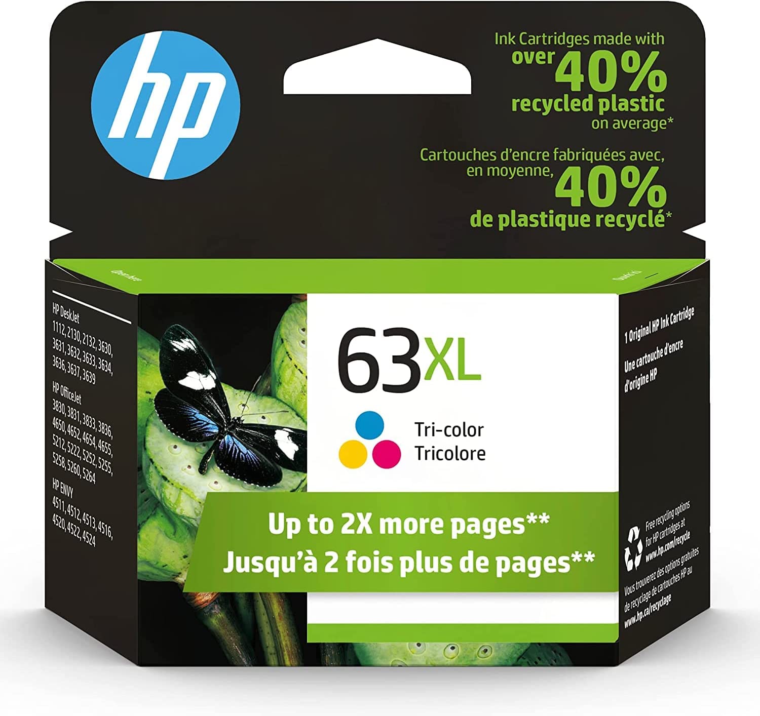 HP 63XL Tri-color High-yield Ink | Works with HP DeskJet 1112, 2130, 3630 Series; HP ENVY 4510, 4520 Series; HP OfficeJet 3830, 4650, 5200 Series | Eligible for Instant Ink | F6U63AN