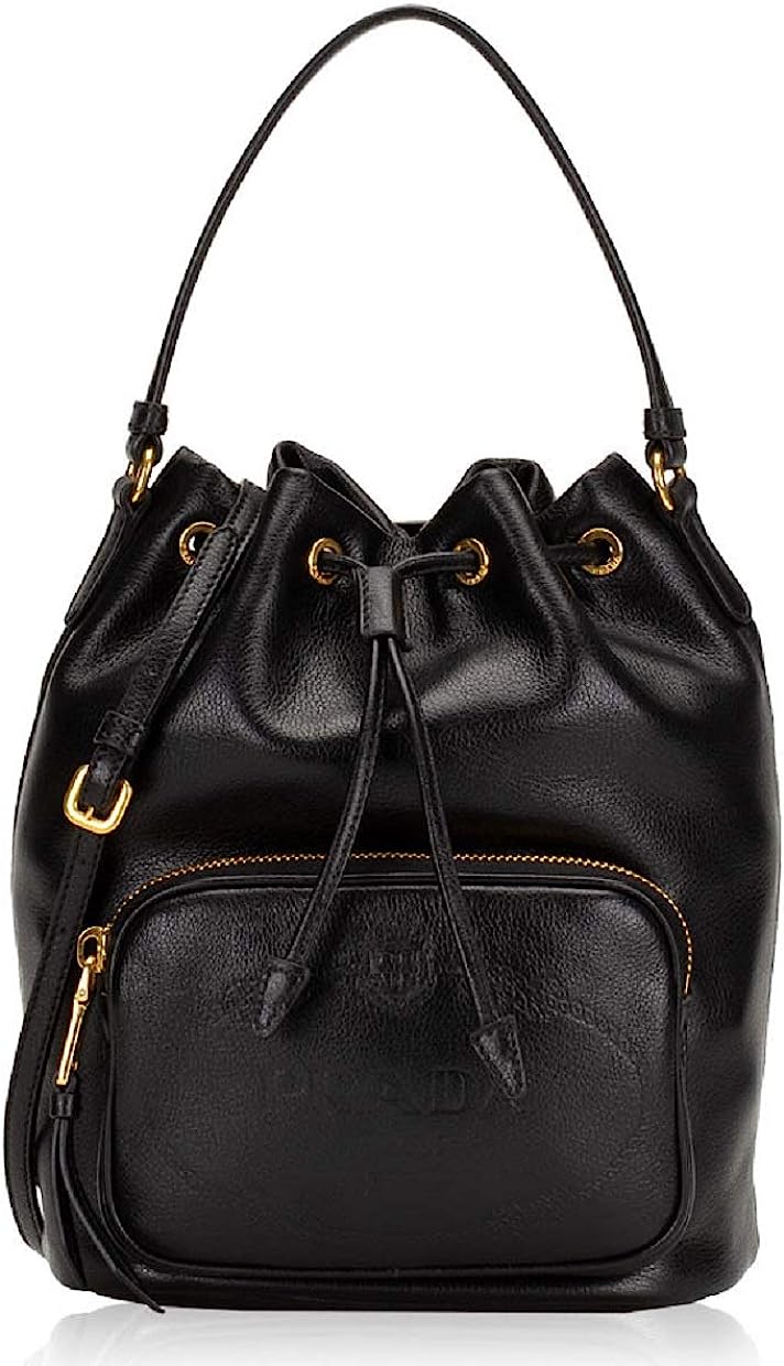 Prada Women's Sechiello Nero Black Glace Calf Leather Bucket Bag 1BH038 (Black)