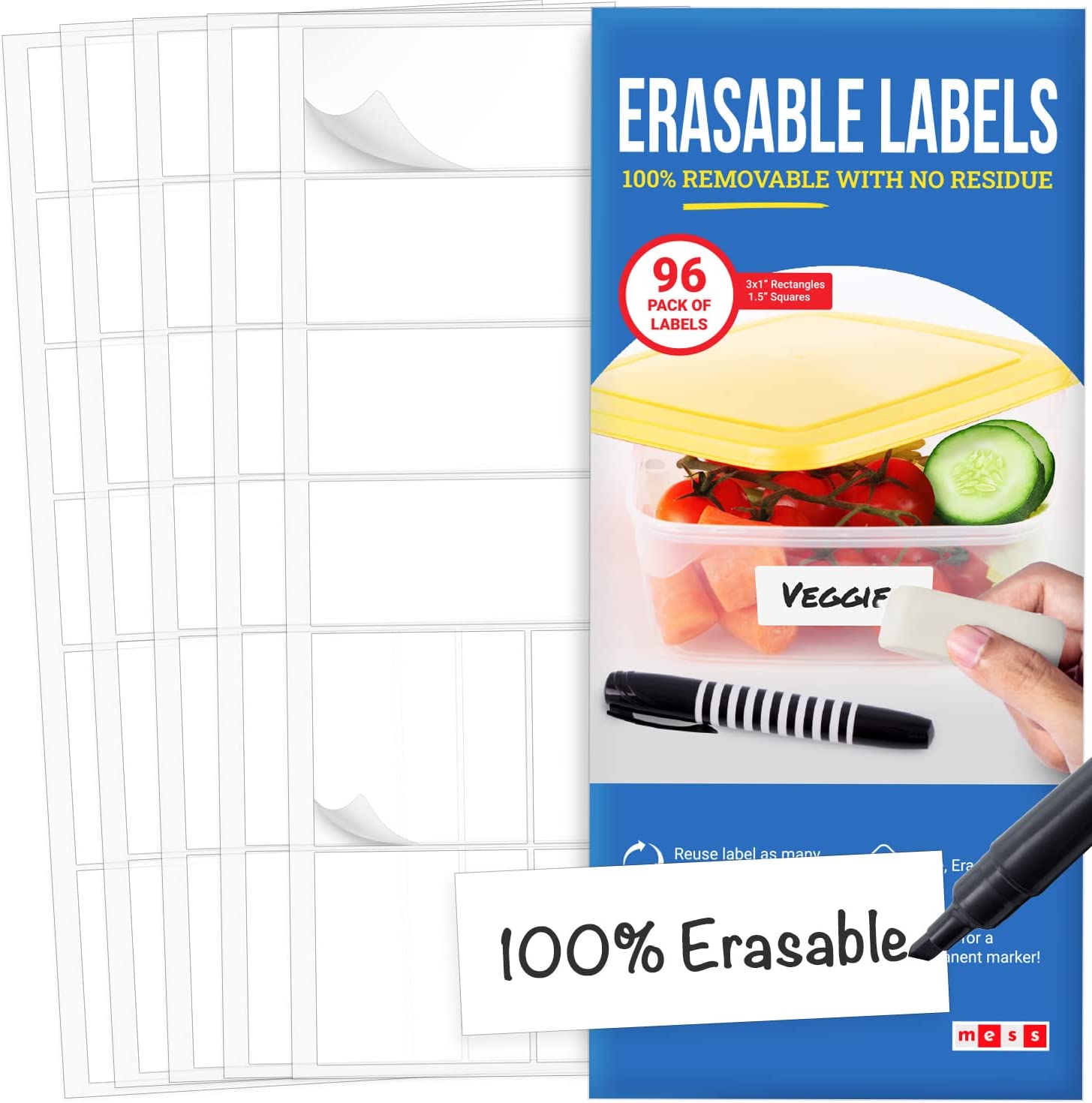 MESS Reusable Labels for Food Containers - Erasable Kitchen Labels (96-Pack) Labels for Organizing - Food Labels for Containers - Removable Labels Freezer Fridge - White Dry Erase - Labels for Jars