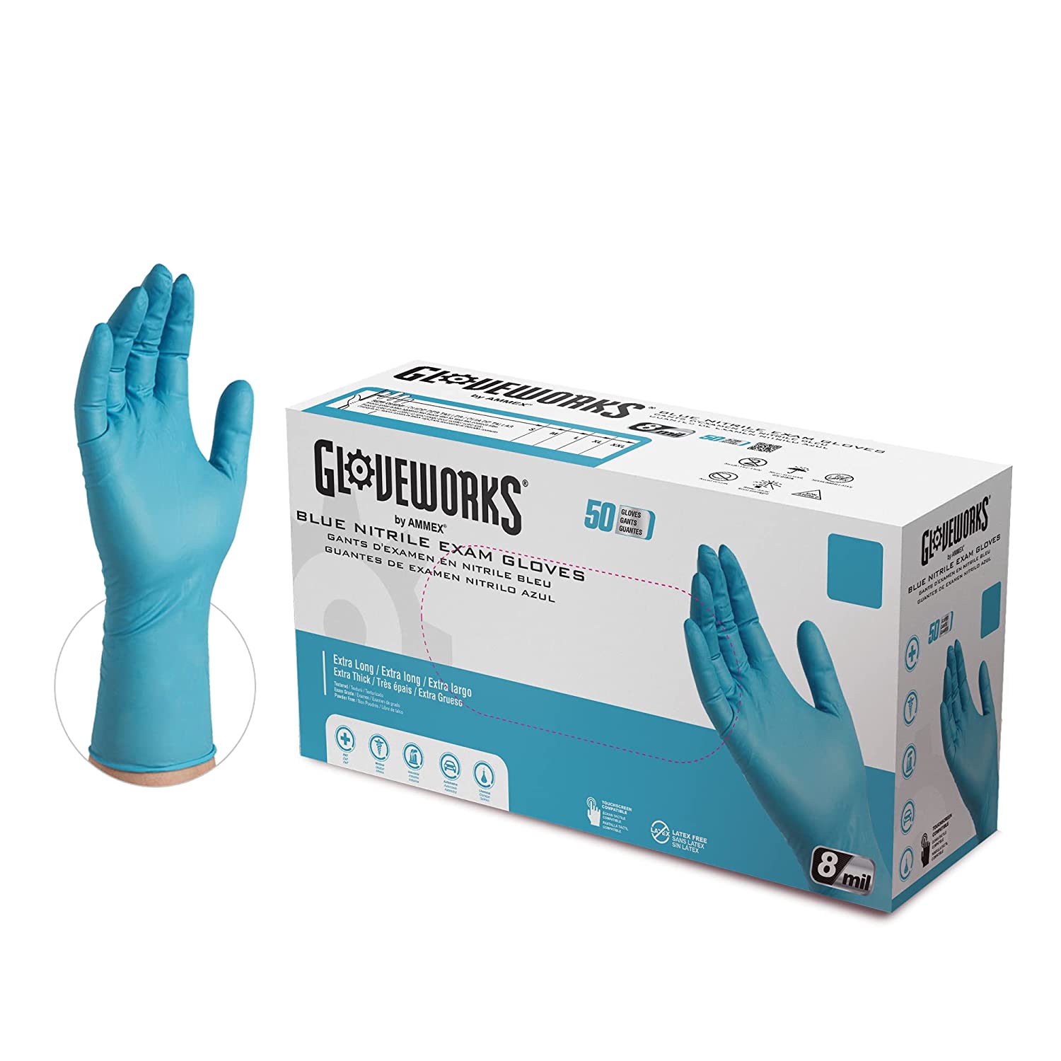 GLOVEPLUS HD Medical Blue NitrileGloves - 8 mil, 12 inches Long, Latex Free, Powder Free, Textured, Disposable, Non-Sterile, Large,GPNHD66100-BX, Box of 50
