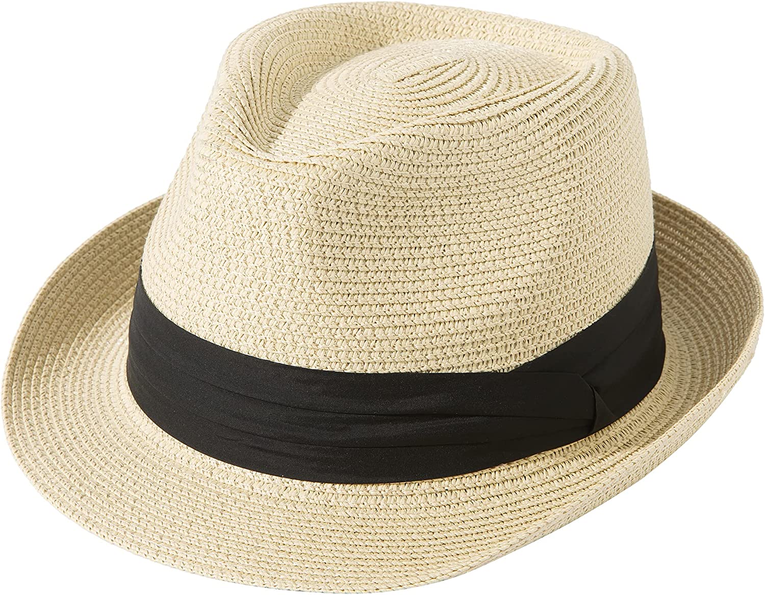 Lanzom Women Men Short Brim Straw Hat Panama Fedora Hat Summer Beach Sun Trilby Hat Packable Roll Up Hat